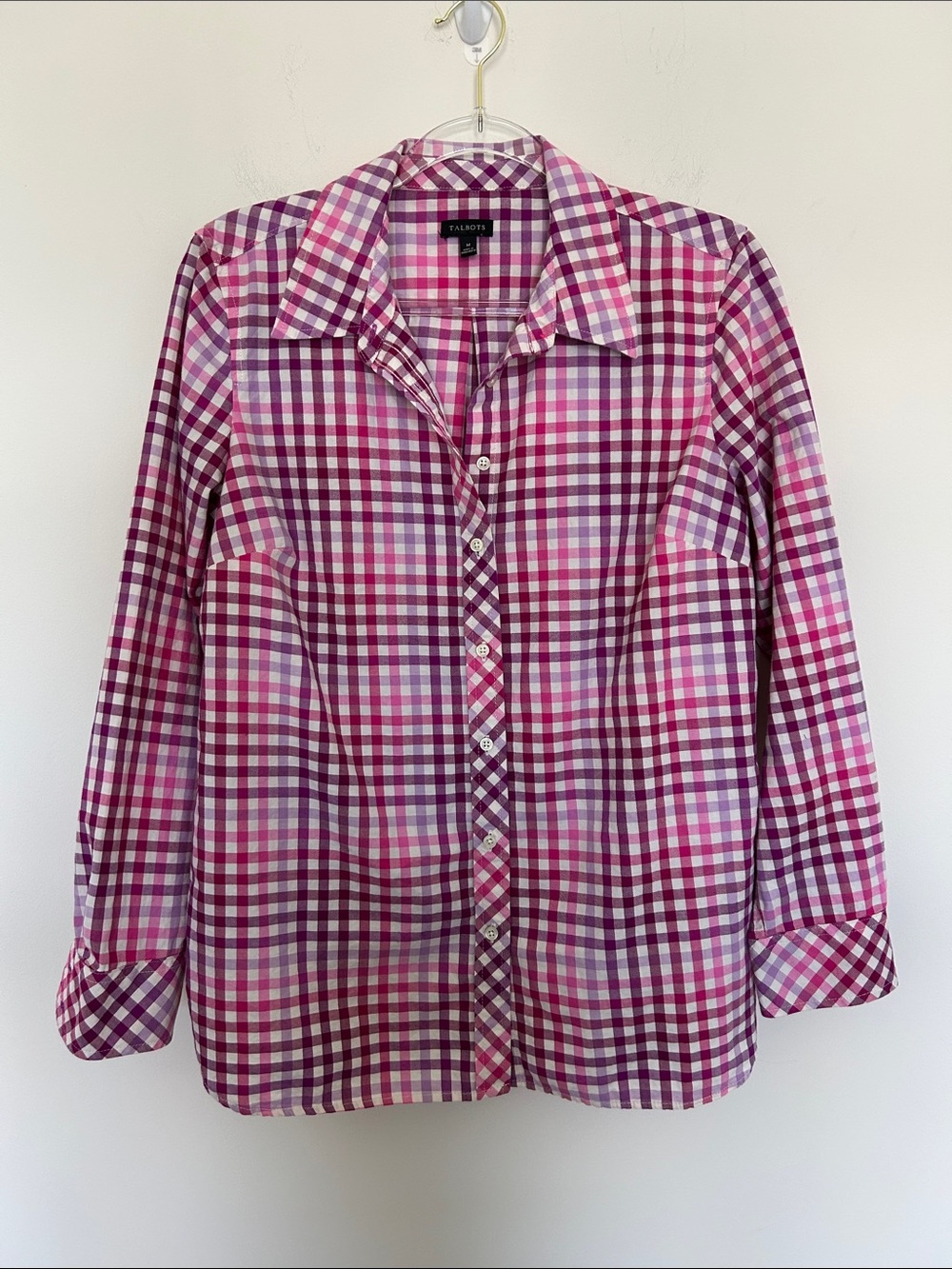 Talbots Long Sleeve Button Up Pink Gingham Shirt Size Medium 100% Cotton